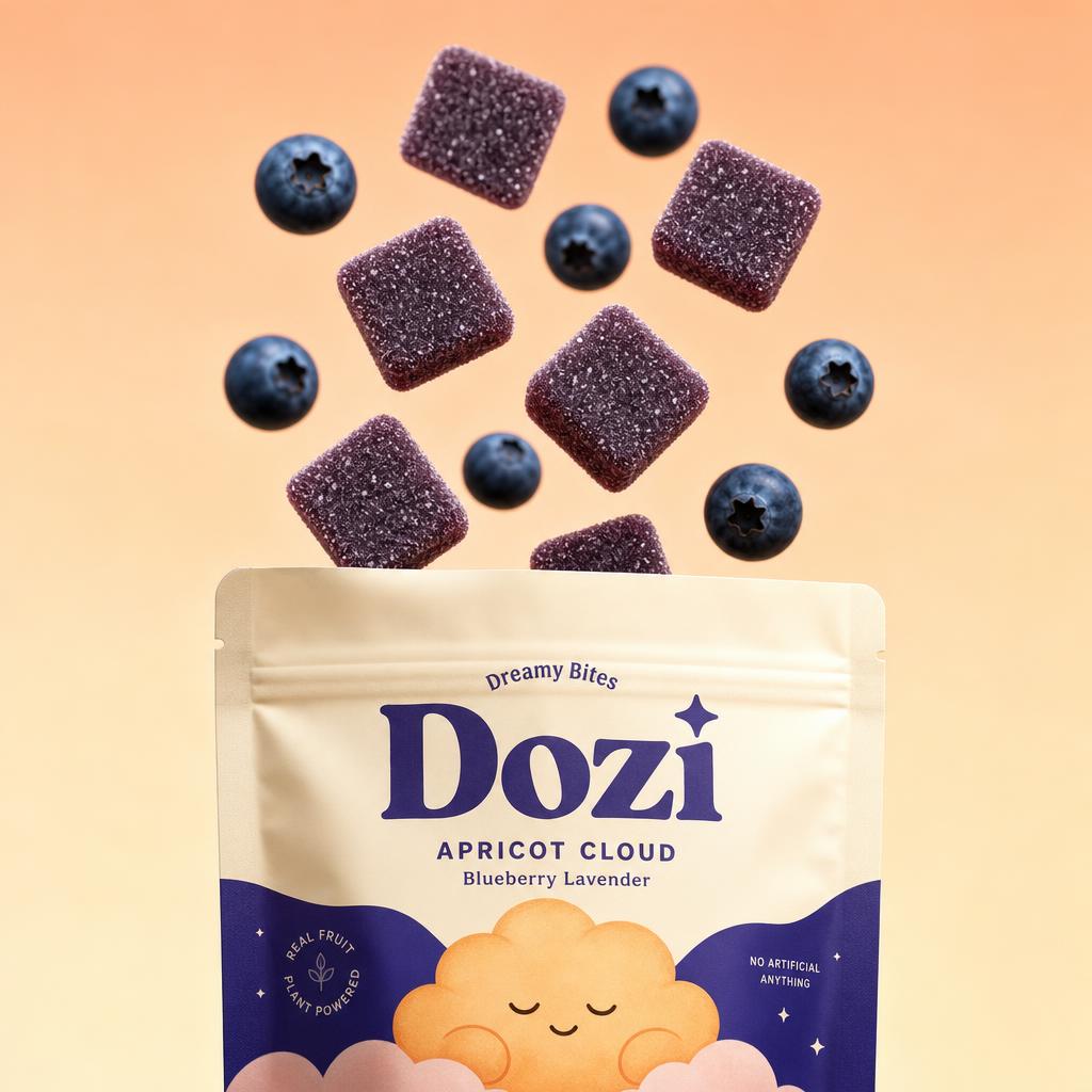 Dozi gummies and blueberries floating above the pouch
