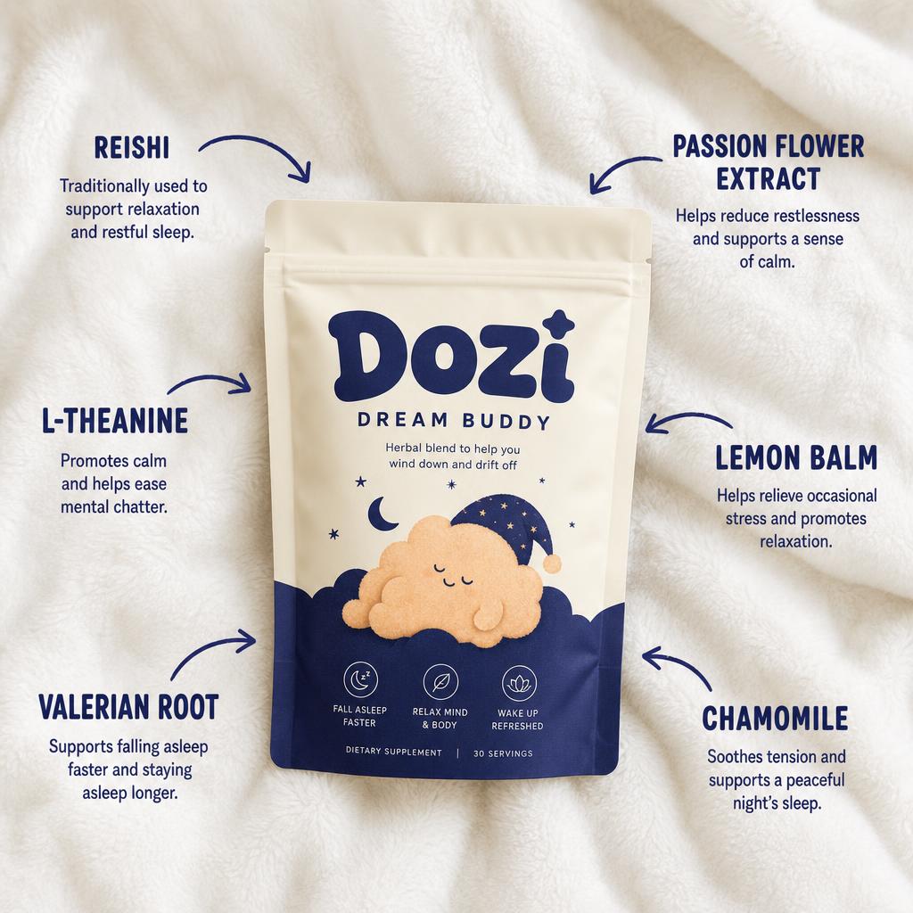Dozi Dream Buddy pouch with its key ingredients labelled