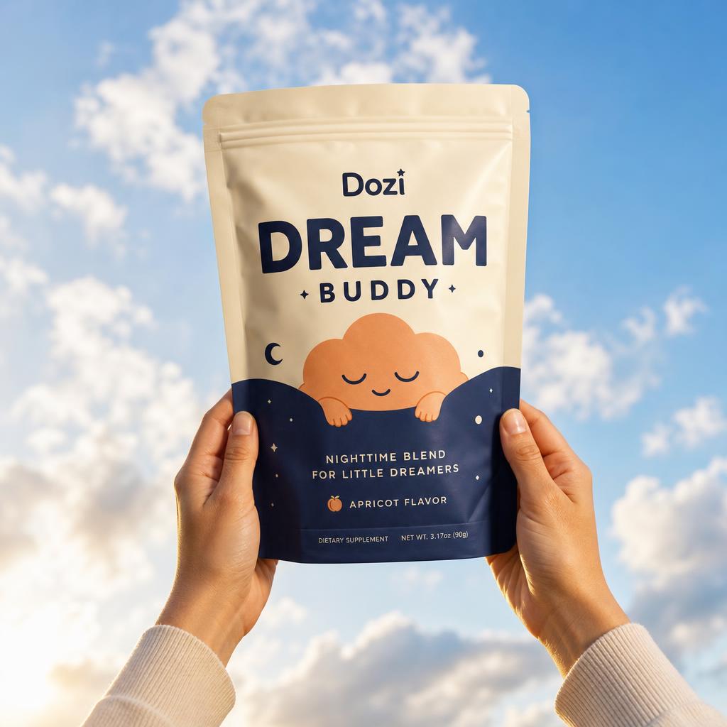 Hands holding the Dozi Dream Buddy pouch against a blue sky