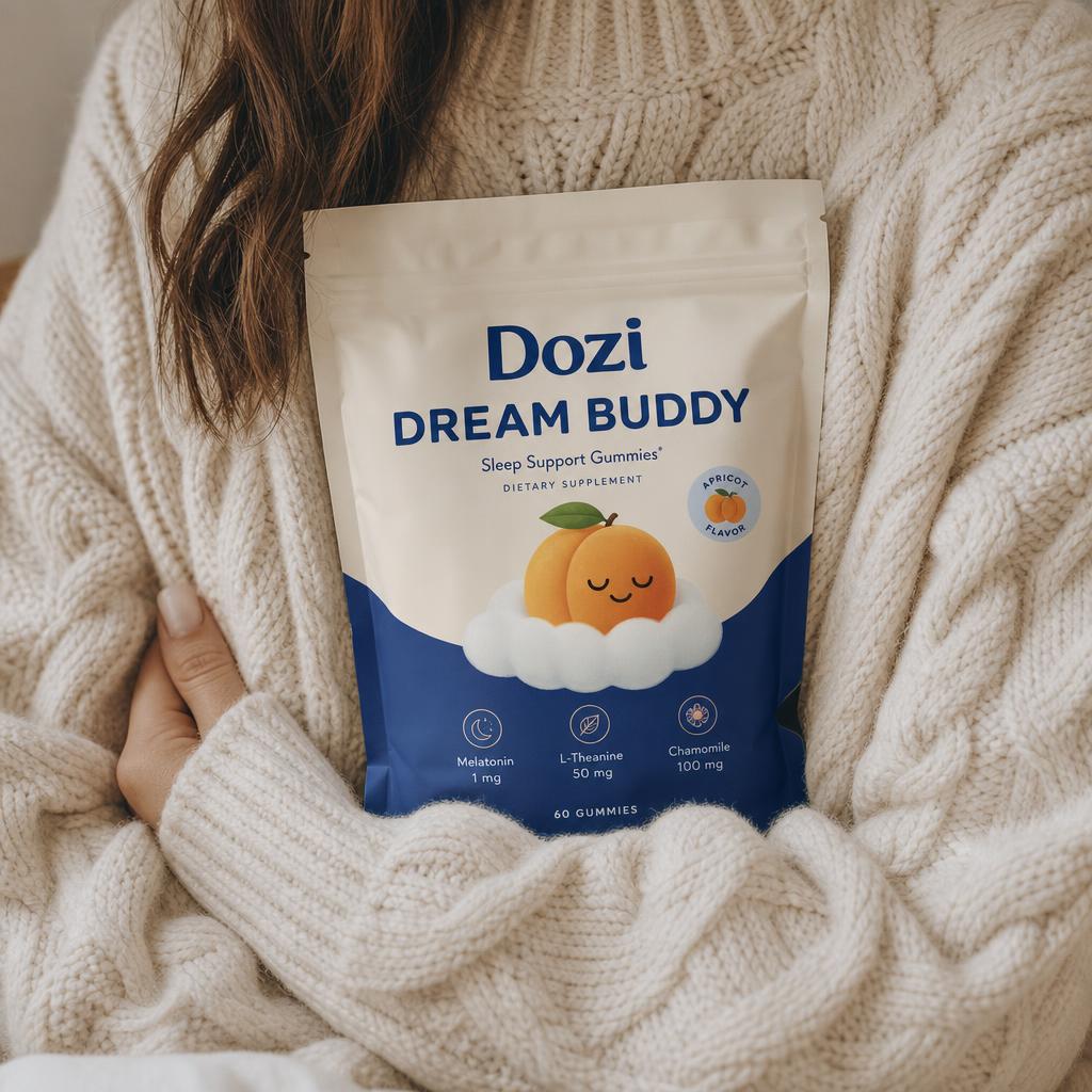 Person in a cream knit sweater holding the Dozi pouch