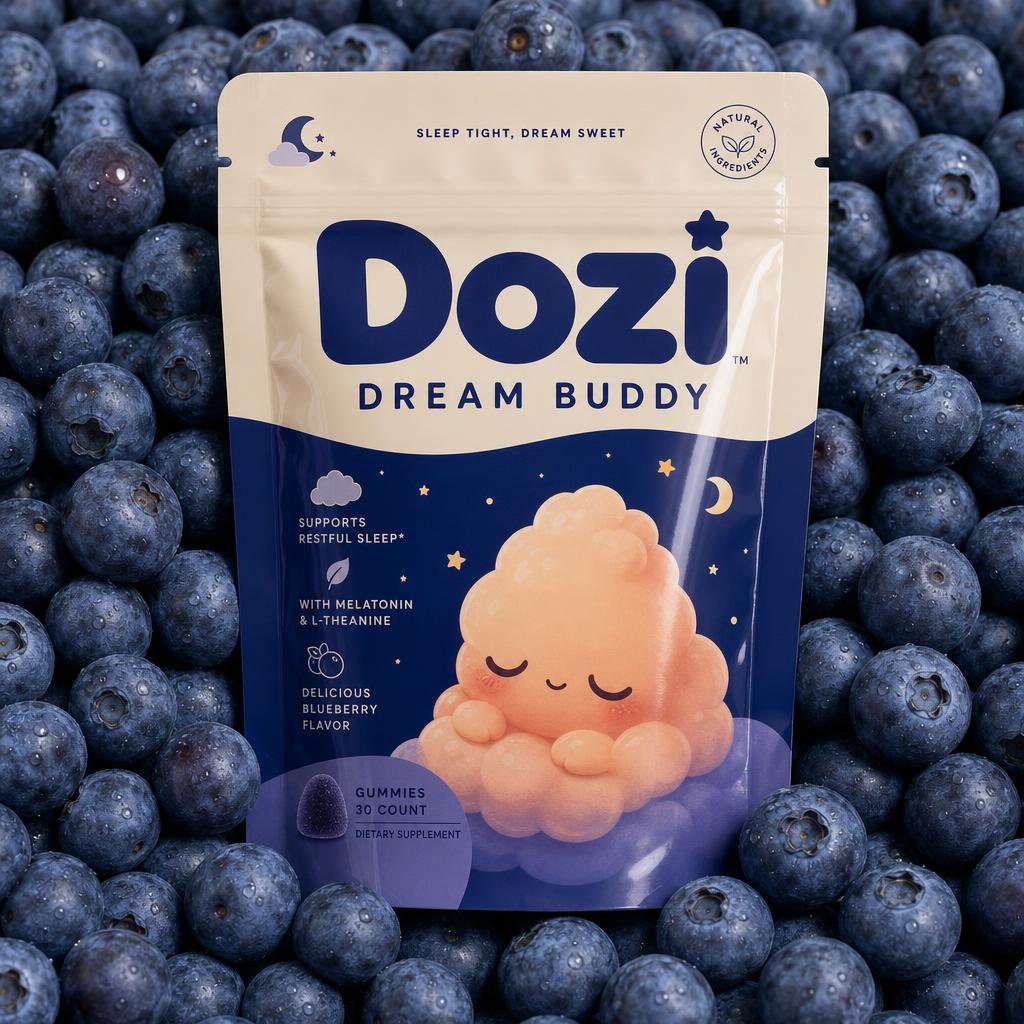 Dozi Dream Buddy pouch resting on fresh blueberries