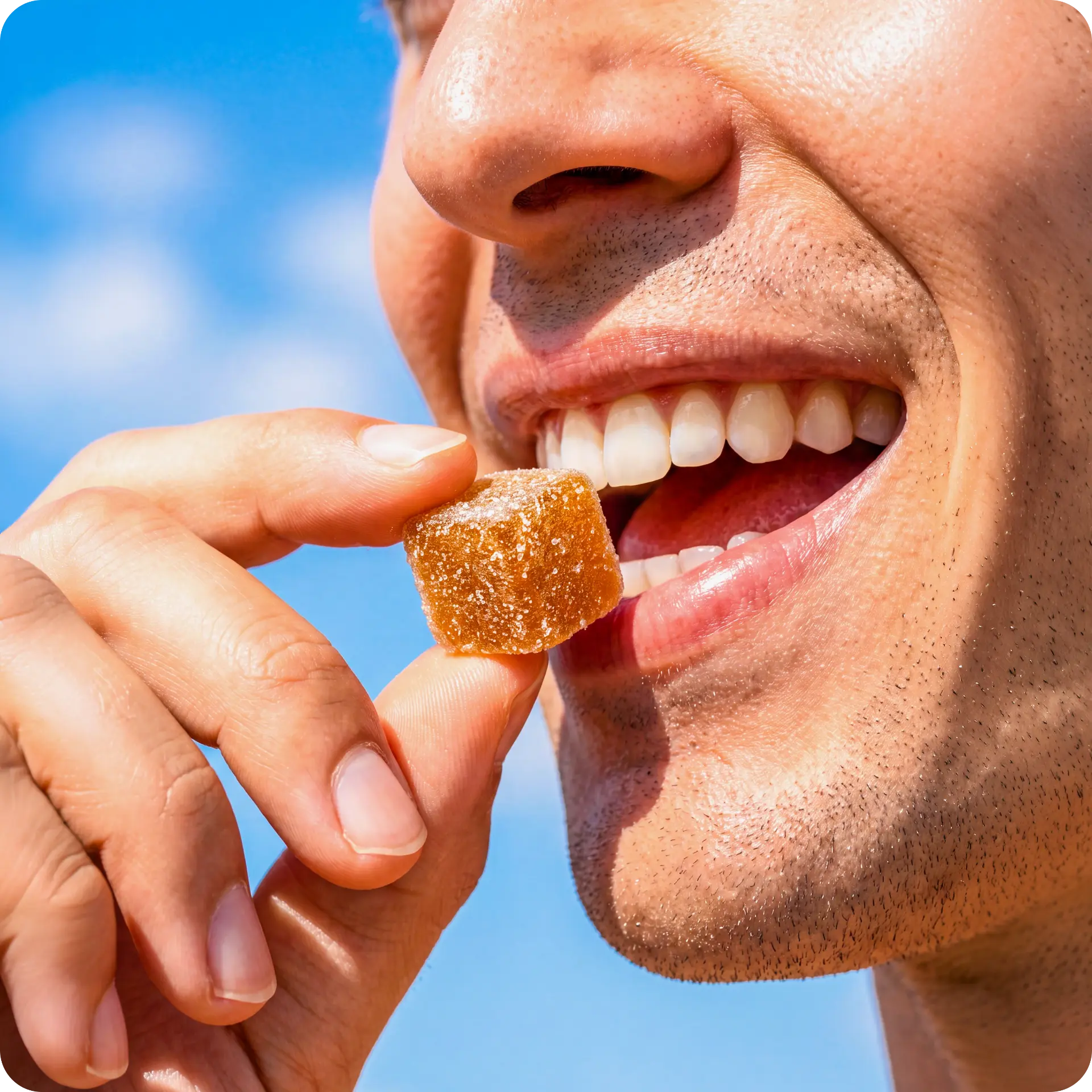 Person smiling while biting into a Dozi gummy